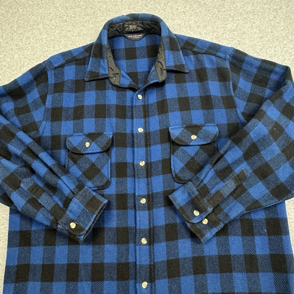 VTG Van Huesen Sportswear‎ Shirt Jacket Mens XL Blue Black Buffalo Check Shacket